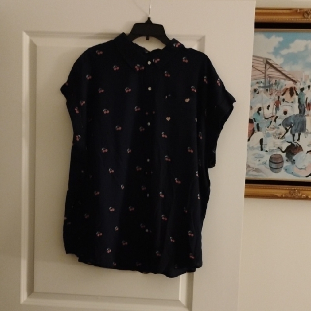 Navy Blue Button-Up Shirt with Floral Pattern